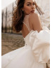 Beaded Ivory Lace Satin Wedding Dress With Detachable Puff Sleeves